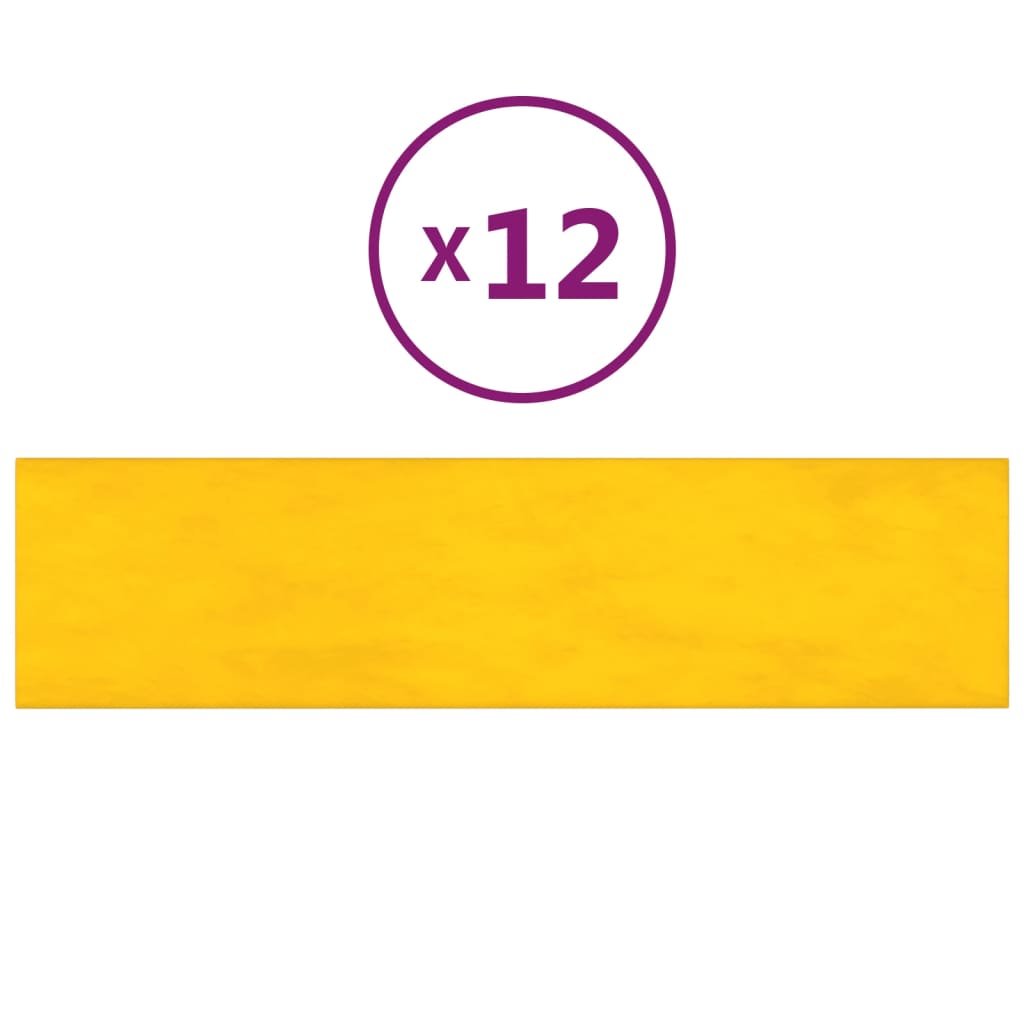 vidaXL Sienų plokštės, 12vnt., geltonos, 60x15cm, aksomas, 1,08m²