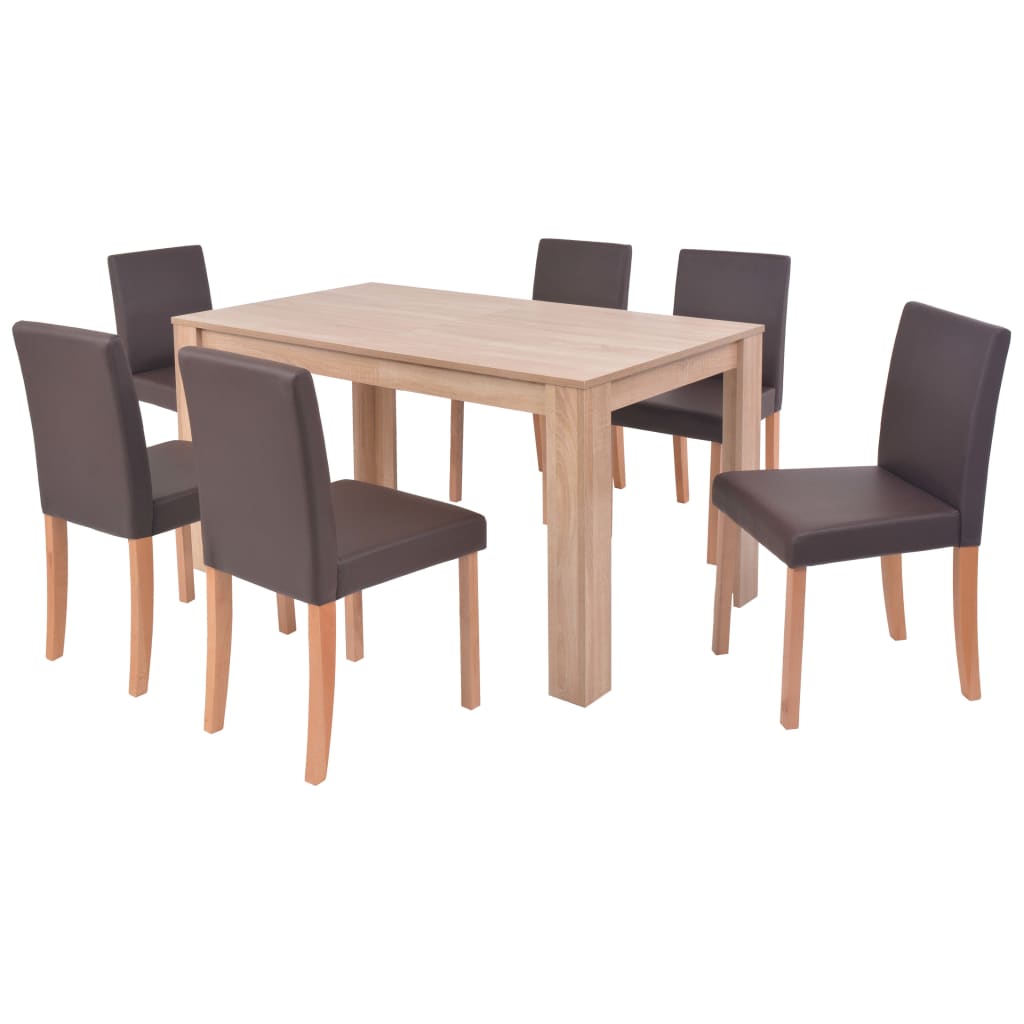 vidaXL Valgomojo stalas ir kėdės, 7vnt., dirbtinė oda, ąžuolas, ruda