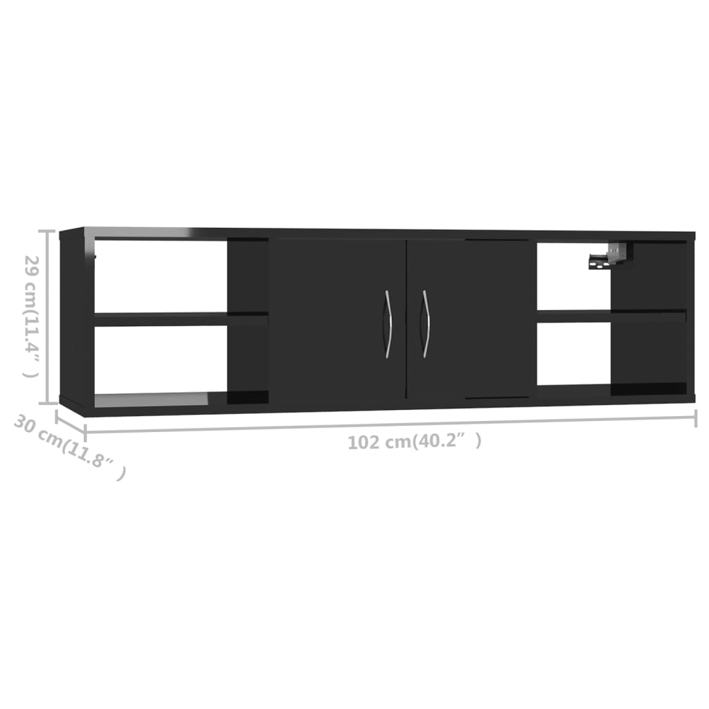 vidaXL Sieninė lentyna, juodos spalvos, 102x30x29cm, MDP, blizgi