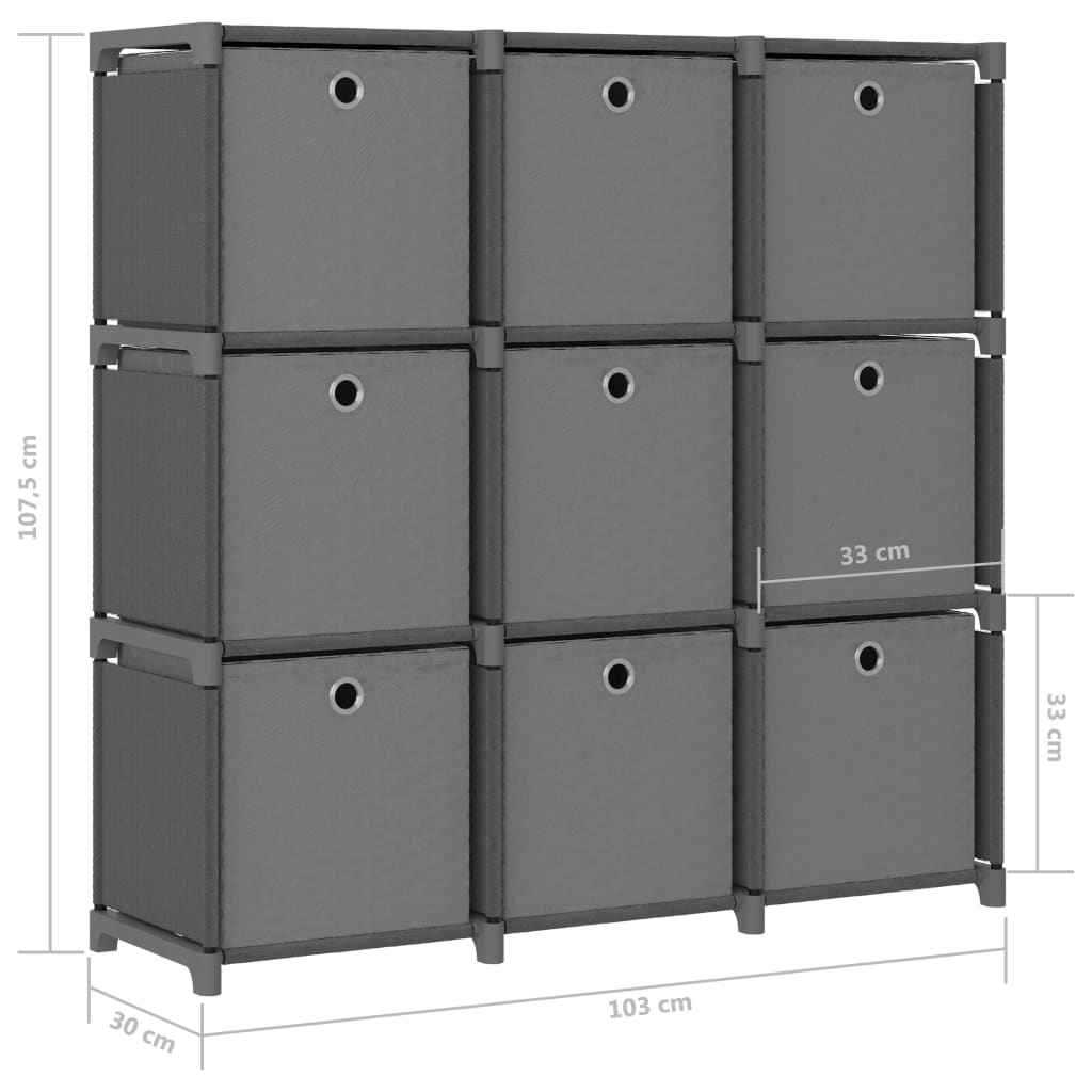 vidaXL Lentyna su 9 dėžėmis, pilkos spalvos, 103x30x107,5cm, audinys