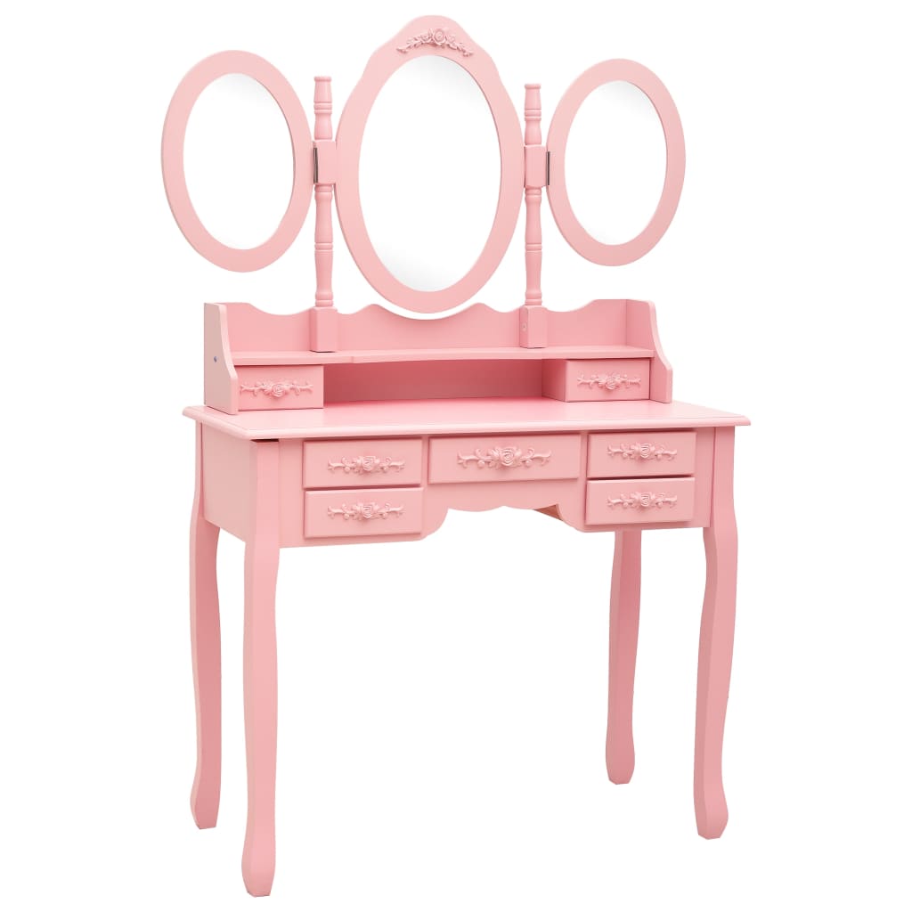 vidaXL Kosmetinis staliukas su kėdute ir 3 veidrodžiais, rožinis