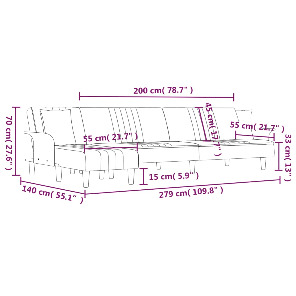 vidaXL L formos sofa-lova, tamsiai pilka, 279x140x70cm, audinys