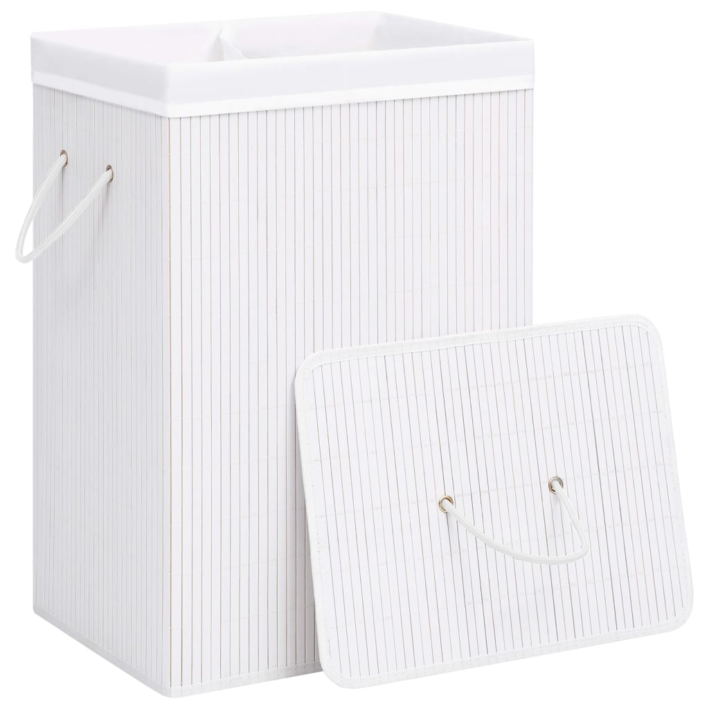 vidaXL Skalbinių krepšys su 2 skyriais, baltos spalvos, bambukas, 72l