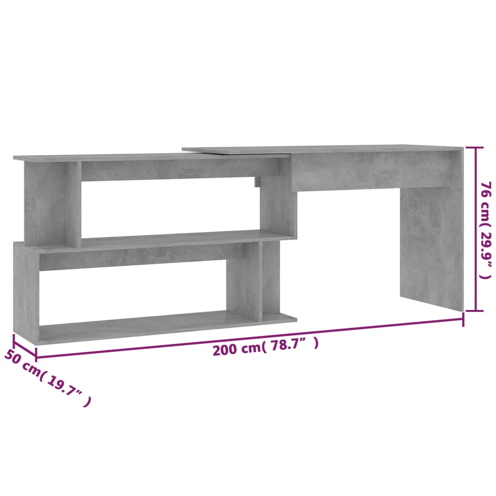 vidaXL Kampinis rašomasis stalas, betono pilkas, 200x50x76cm, MDP