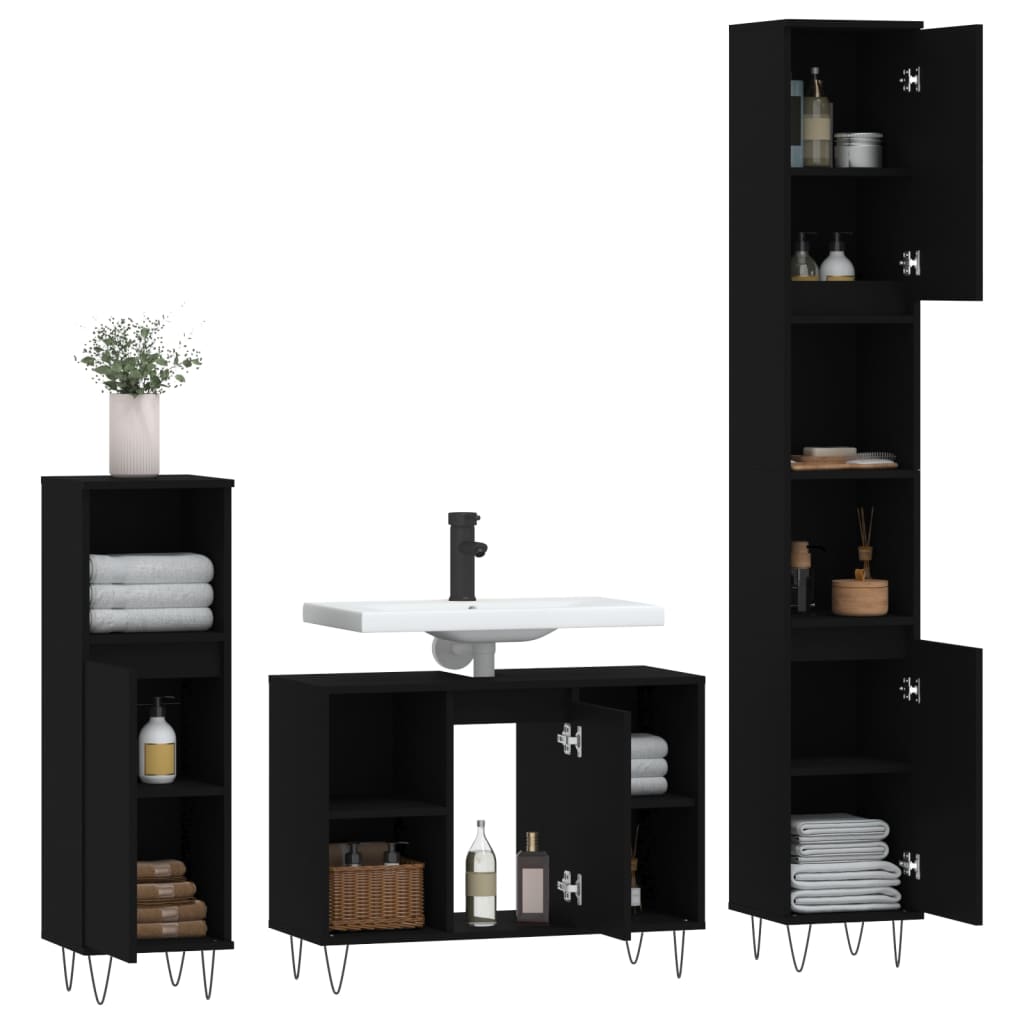 vidaXL Vonios baldų komplektas, 3 dalių, juodas, apdirbta mediena