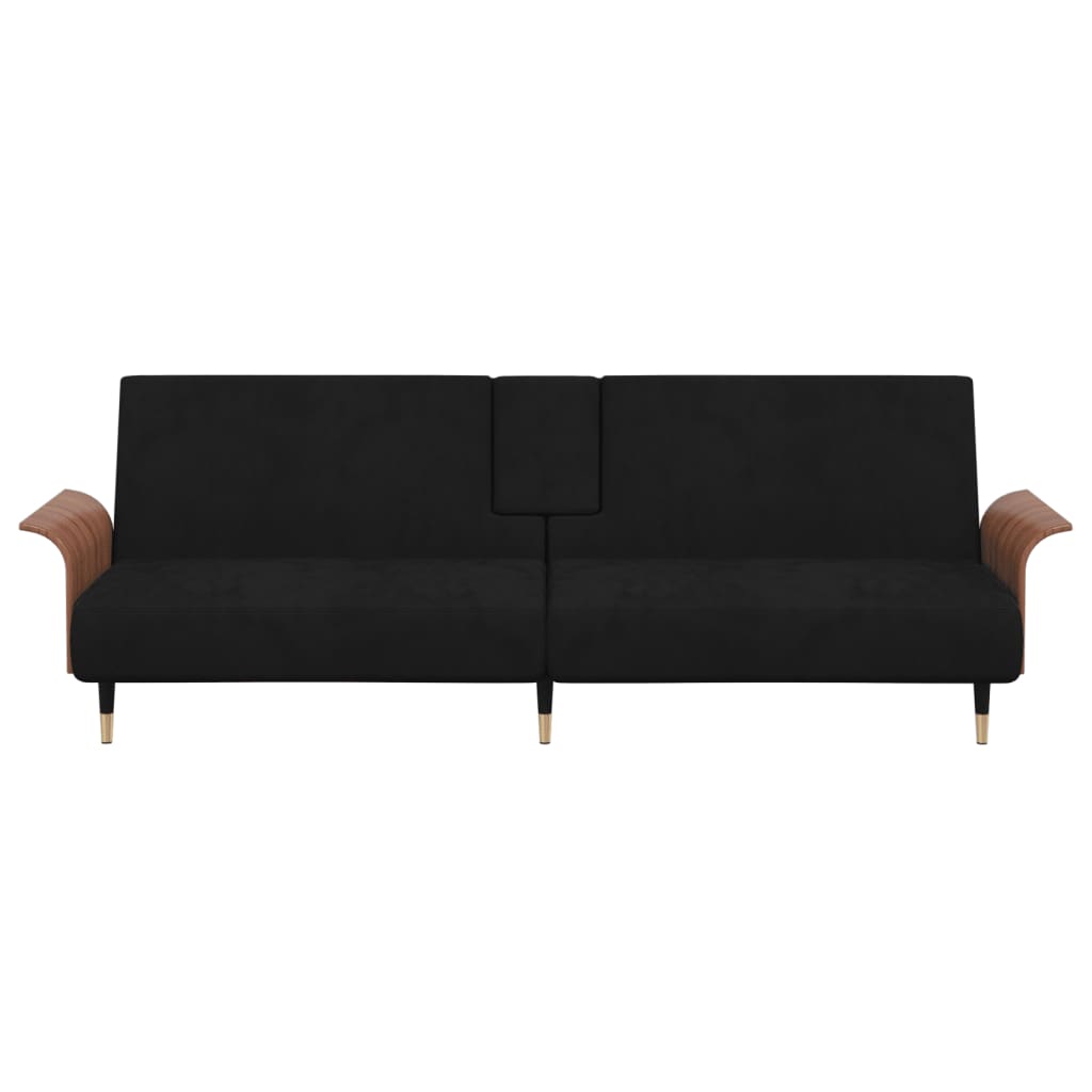 vidaXL Sofa-lova su puodelių laikikliais, juodos spalvos, aksomas
