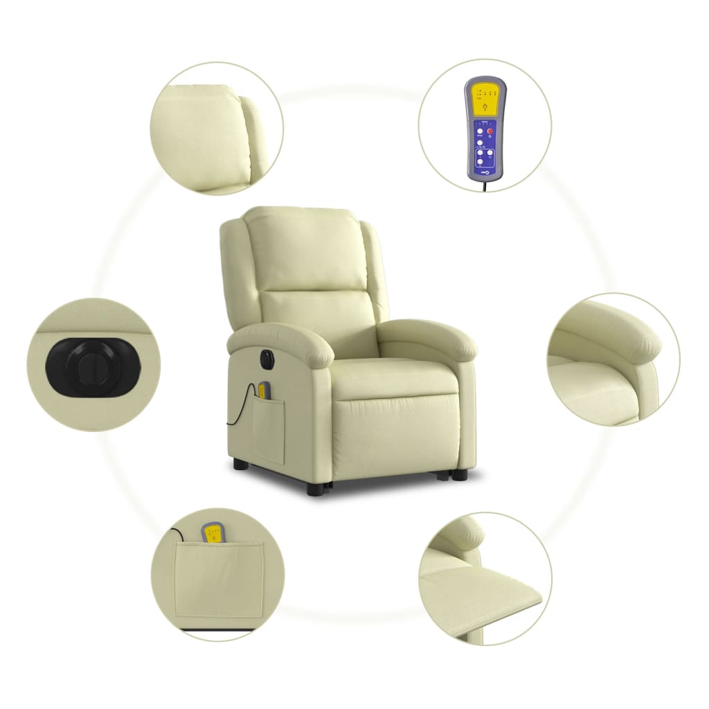 vidaXL Atsistojantis elektrinis masažinis krėslas, kreminis, tikra oda