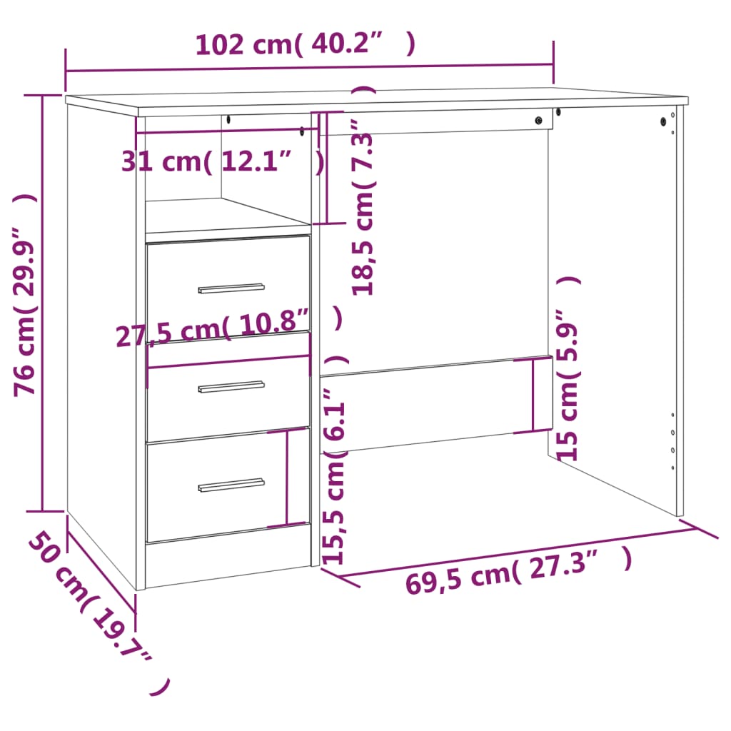 vidaXL Rašomasis stalas su stalčiais, baltas, 102x50x76cm, mediena