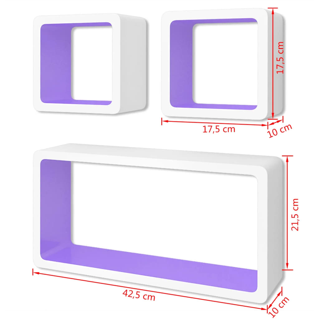 Pakabinamos sieninės lentynos, 3vnt., baltos/violetinės, MDF