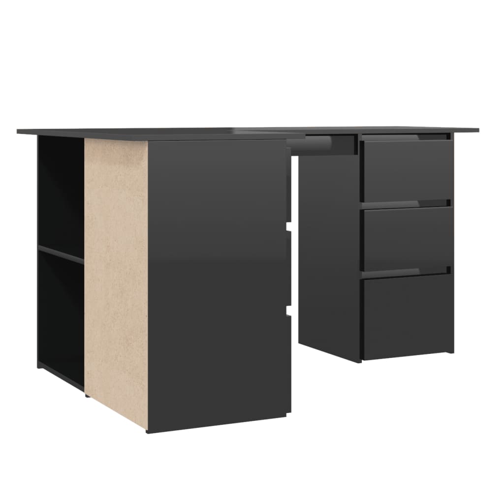 vidaXL Kampinis rašomasis stalas, juodas, 145x100x76cm, MDP, blizgus