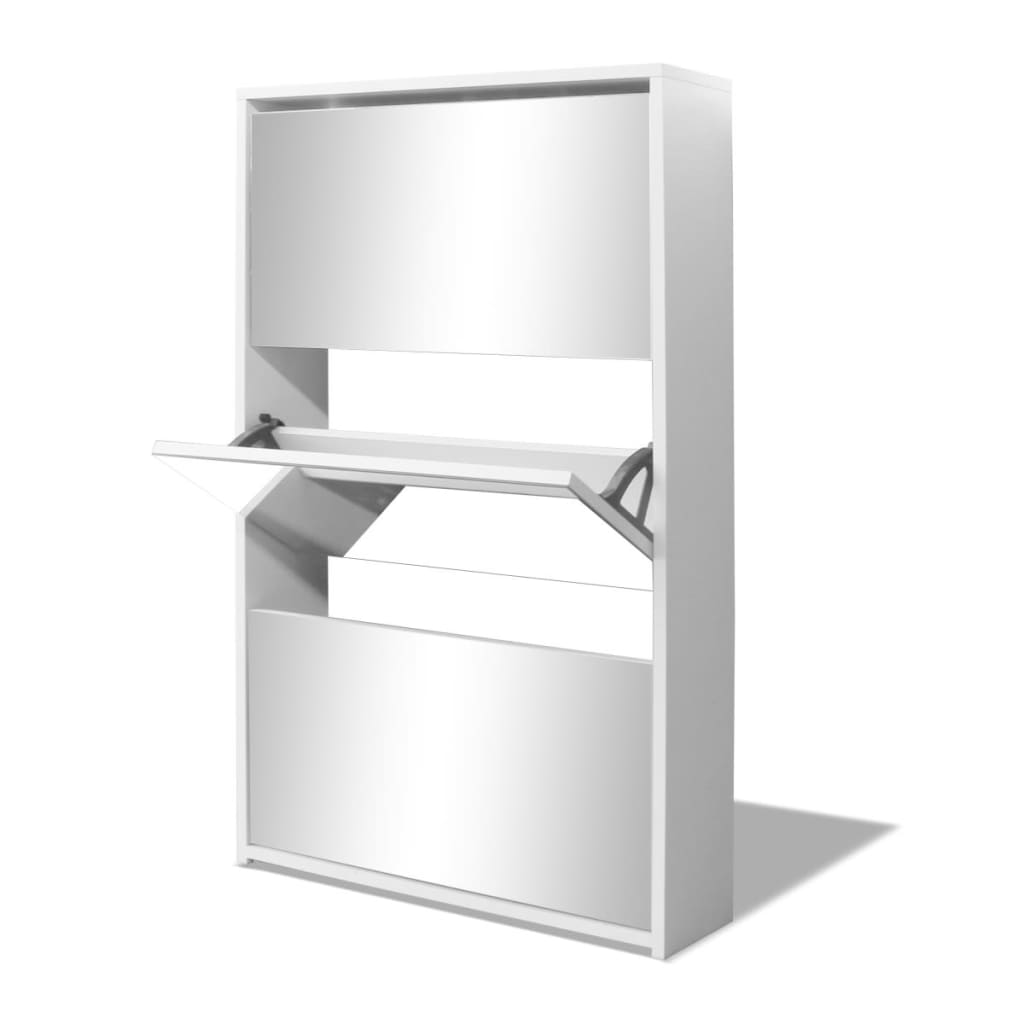 vidaXL Batų dėžė, 3 lygių su veidrodžiais, balta, 63x17x102,5 cm