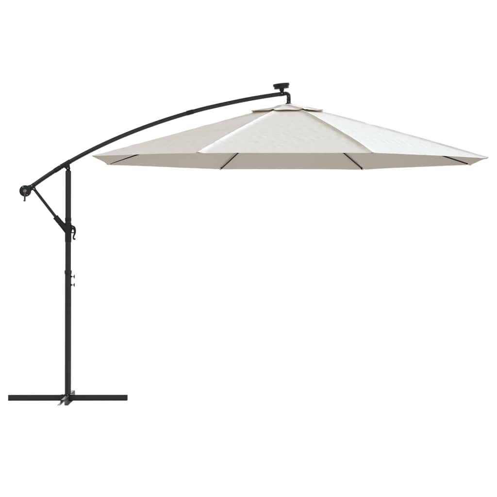 vidaXL Gemb. form. skėt. su LED lemp. ir met. stulp., smėl. sp., 350cm