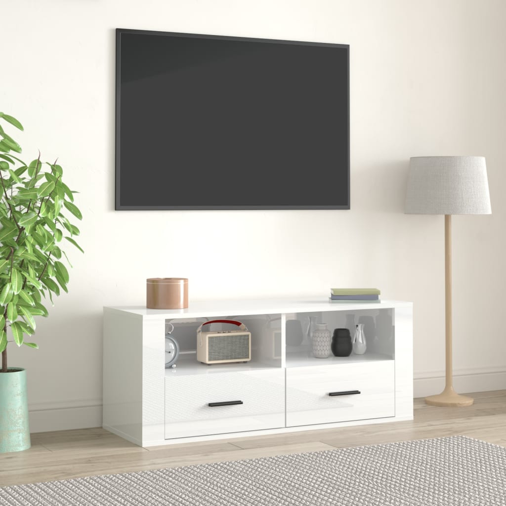 vidaXL Televizoriaus spintelė, balta, 100x35x40cm, mediena, blizgi
