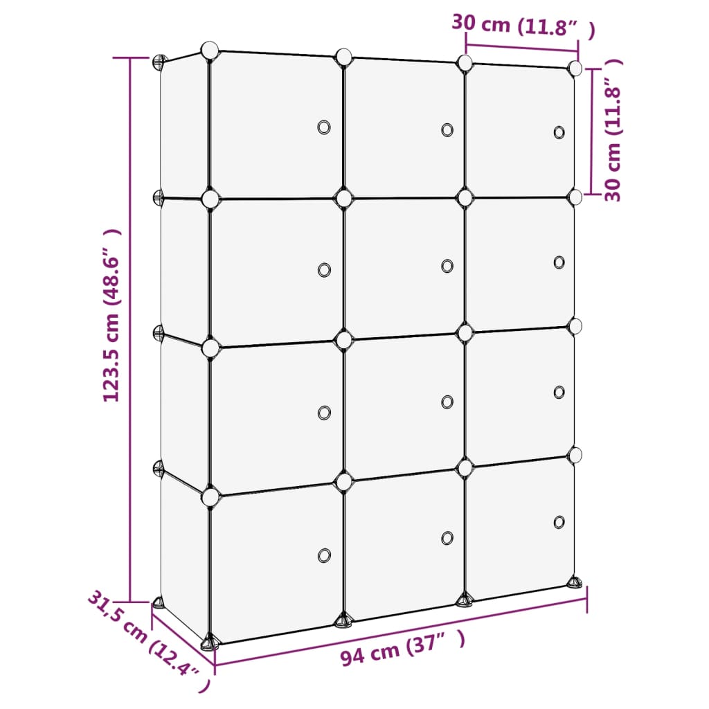 vidaXL Lentyna su 12 kubo formos skyrių ir durelėmis, skaidri, PP