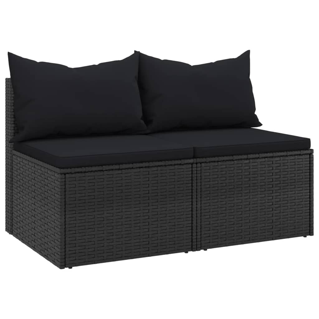 vidaXL Vidurinės sofos dalys su pagalvėmis, 2vnt., juodos, poliratanas