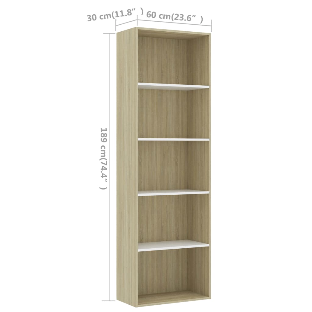 vidaXL Spintelė knygoms, 5 aukštų, balta/ąžuolo, 60x30x189cm, mediena