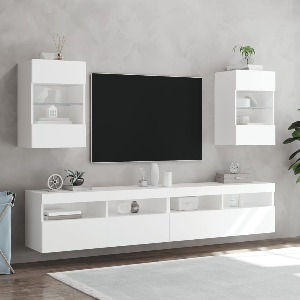 vidaXL Sieninės TV spintelės su LED, 2vnt., baltos, 40x30x60,5cm