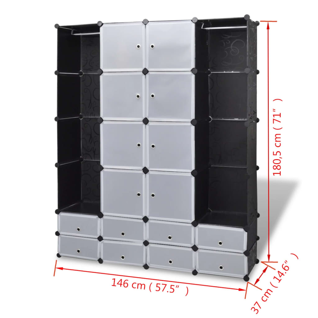 vidaXL Modulinė spinta su 18 skyrių, juoda/balta, 37x146x180,5cm