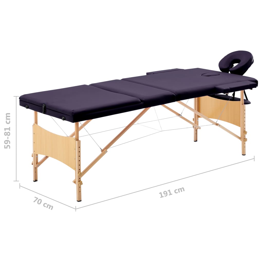 vidaXL Sulankstomas masažo stalas, violetinės spalvos, mediena, 3 zonų
