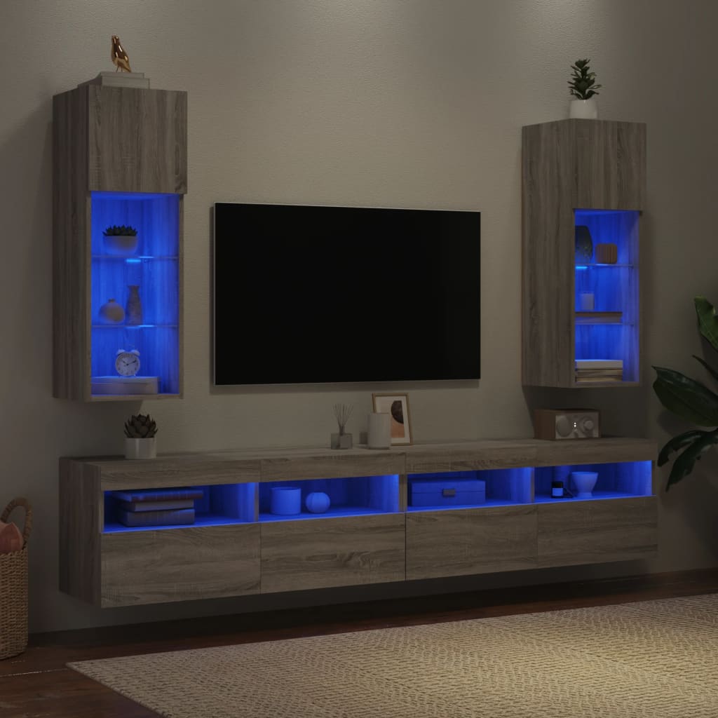 vidaXL TV spintelės su LED, 2vnt., pilkos ąžuolo, 30,5x30x90cm