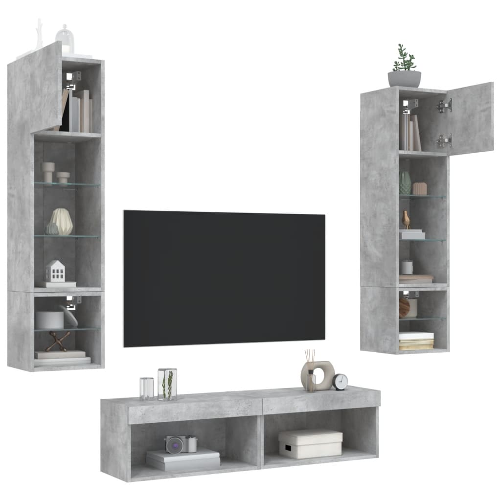 vidaXL Sieninė TV sekcija su LED, 6 dalių, betono, apdirbta mediena