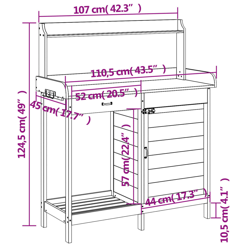 vidaXL Sodinimo stalas su spintele, pilkas, 110,5x45x124,5cm, eglė