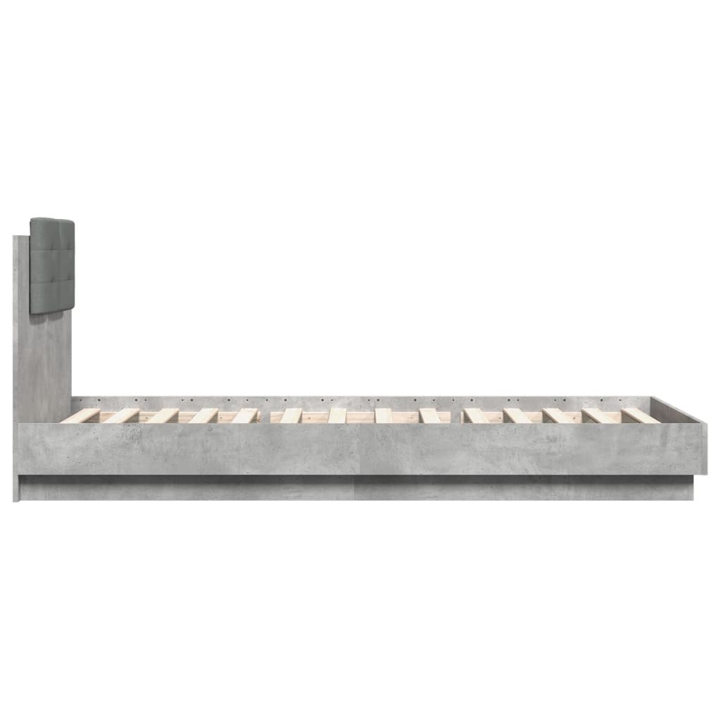 vidaXL Lovos rėmas su galvūgaliu ir LED lemputėmis, betono, 90x200cm