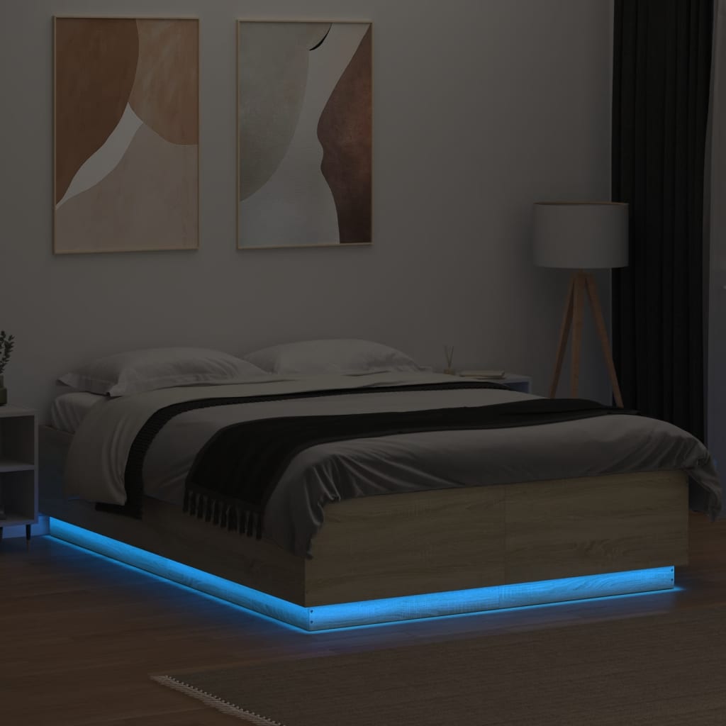vidaXL Lovos rėmas su LED, ąžuolo, 150x200cm, apdirbta mediena