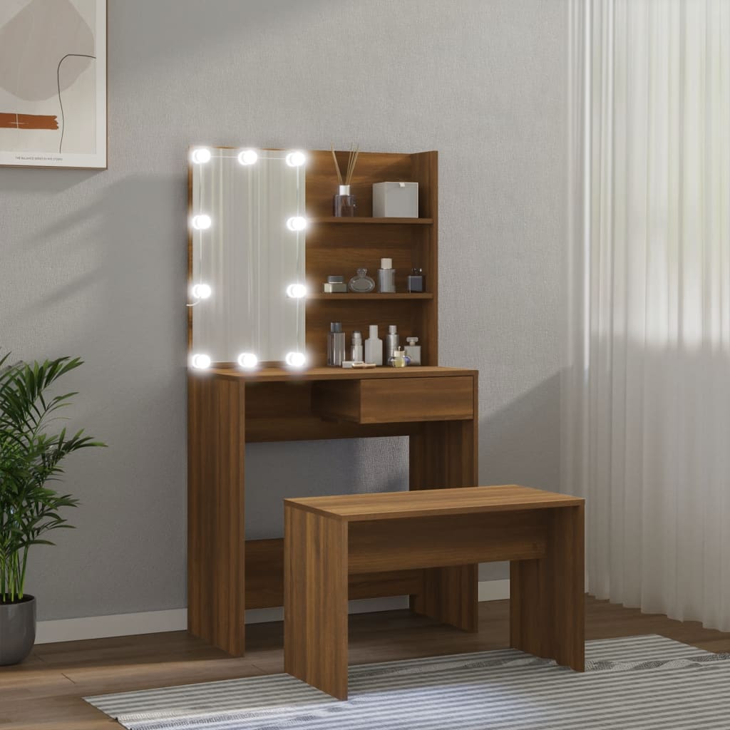 vidaXL Kosmetinio staliuko komplektas su LED, rudas ąžuolo, mediena