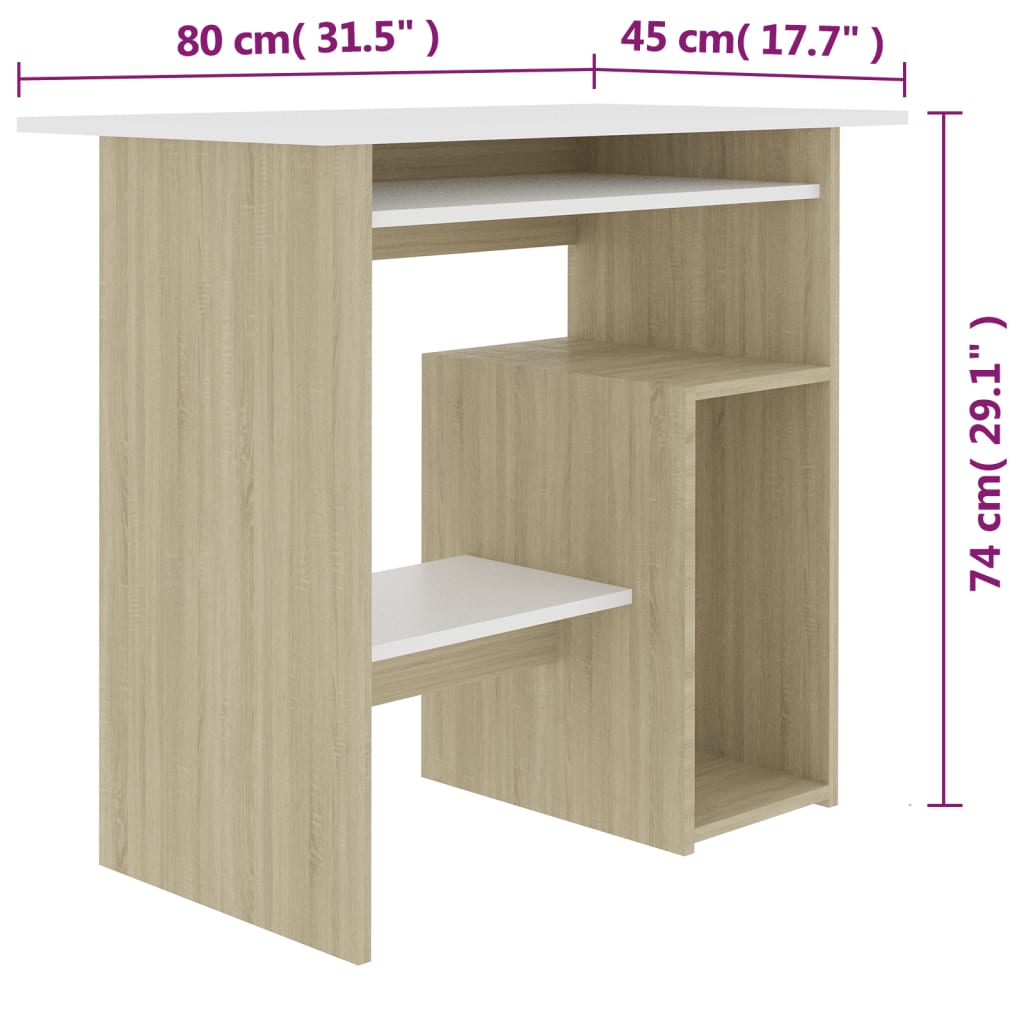 vidaXL Rašomasis stalas, baltos ir ąžuolo spalvos, 80x45x74cm, MDP