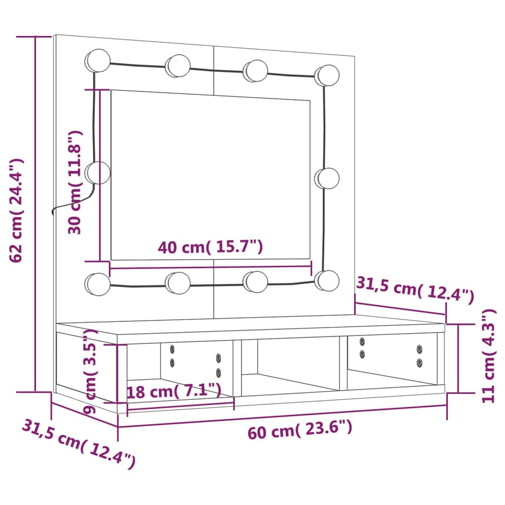 vidaXL Veidrodinė spintelė su LED apšvietimu, balta, 60x31,5x62cm