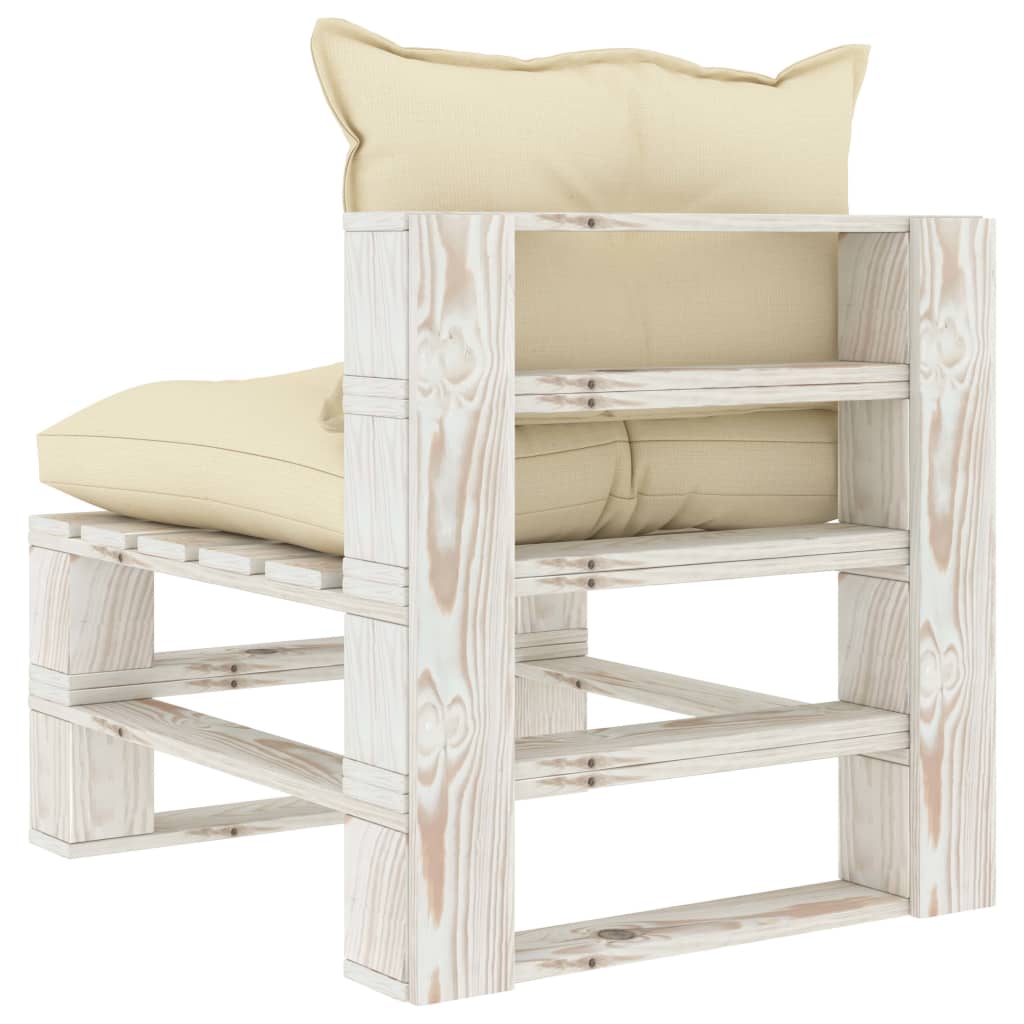 vidaXL Vidurinė sodo sofa iš palečių su kreminėmis pagalvėmis, mediena