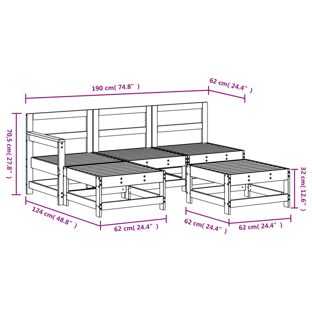 vidaXL Sodo poilsio baldų komplektas, 5 dalių, baltas, pušies masyvas