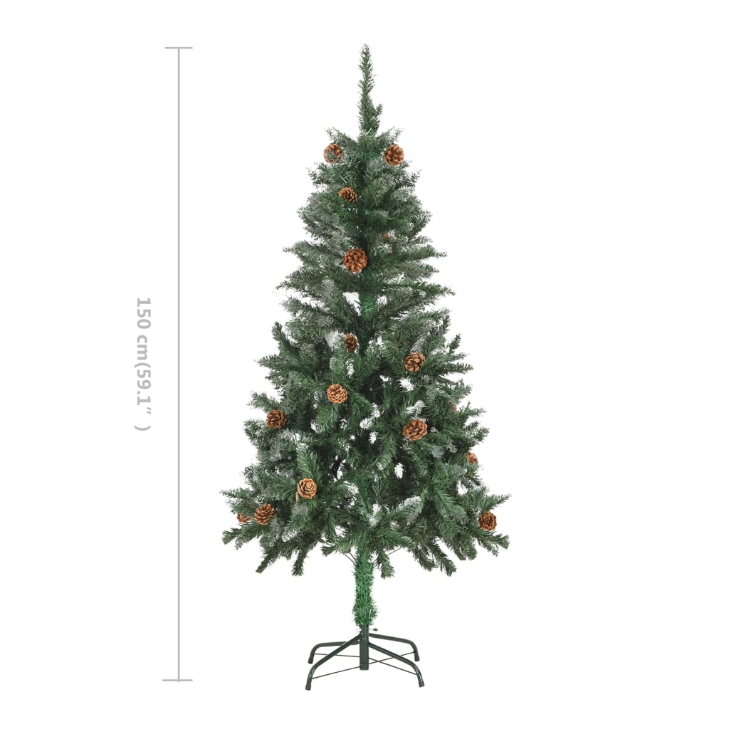 vidaXL Dirbtinė kalėdinė eglutė su kankorėžiais ir baltu blizg., 150cm