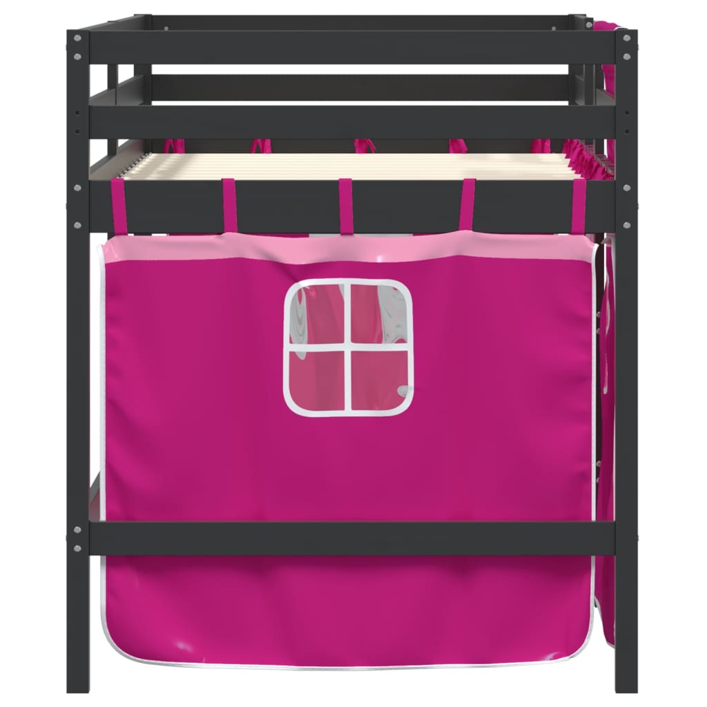 vidaXL Aukšta vaikiška lova su užuolaidomis, rožinė, 90x200cm, pušis