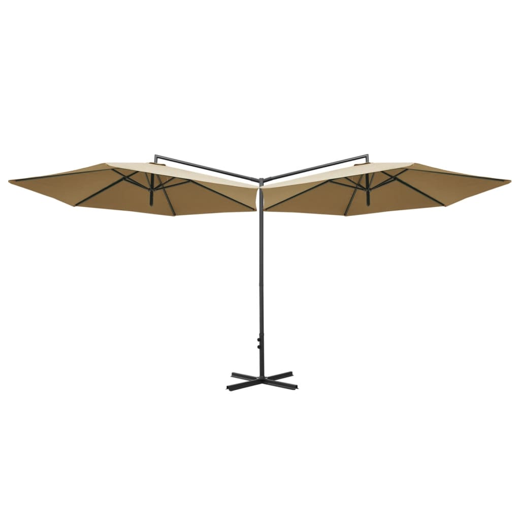 vidaXL Dvigubas skėtis su plieniniu stulpu, taupe spalvos, 600cm