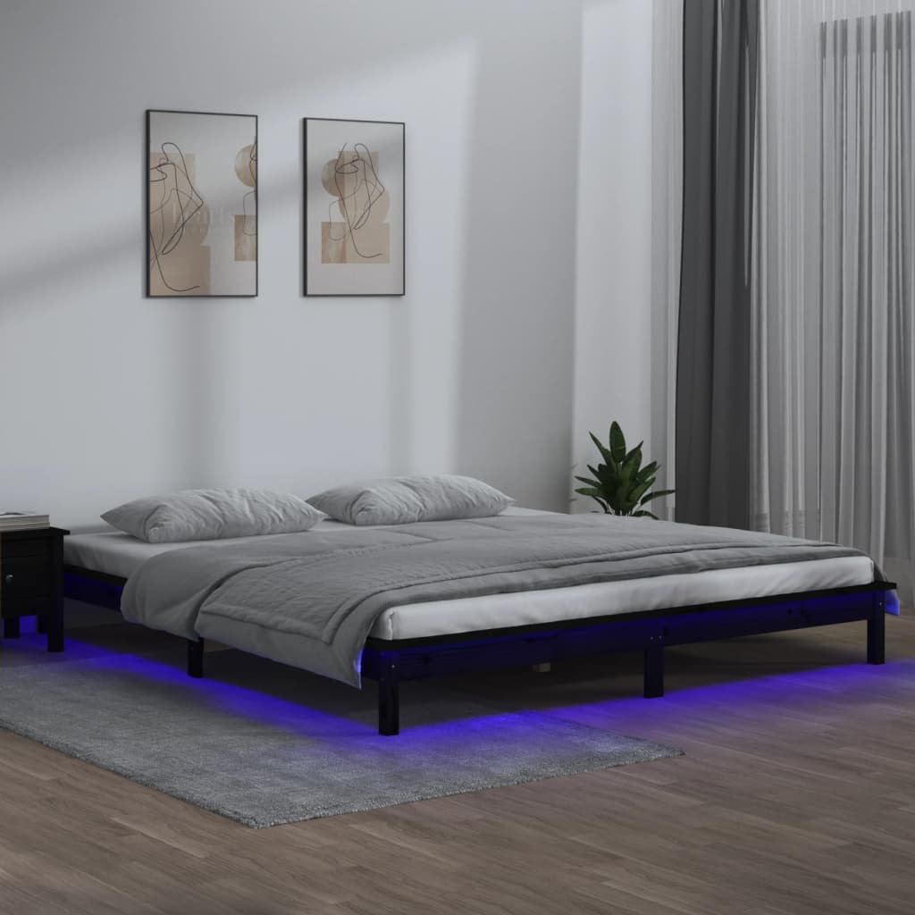 vidaXL Lovos rėmas su LED, juodas, 135x190cm, mediena, dvivietis