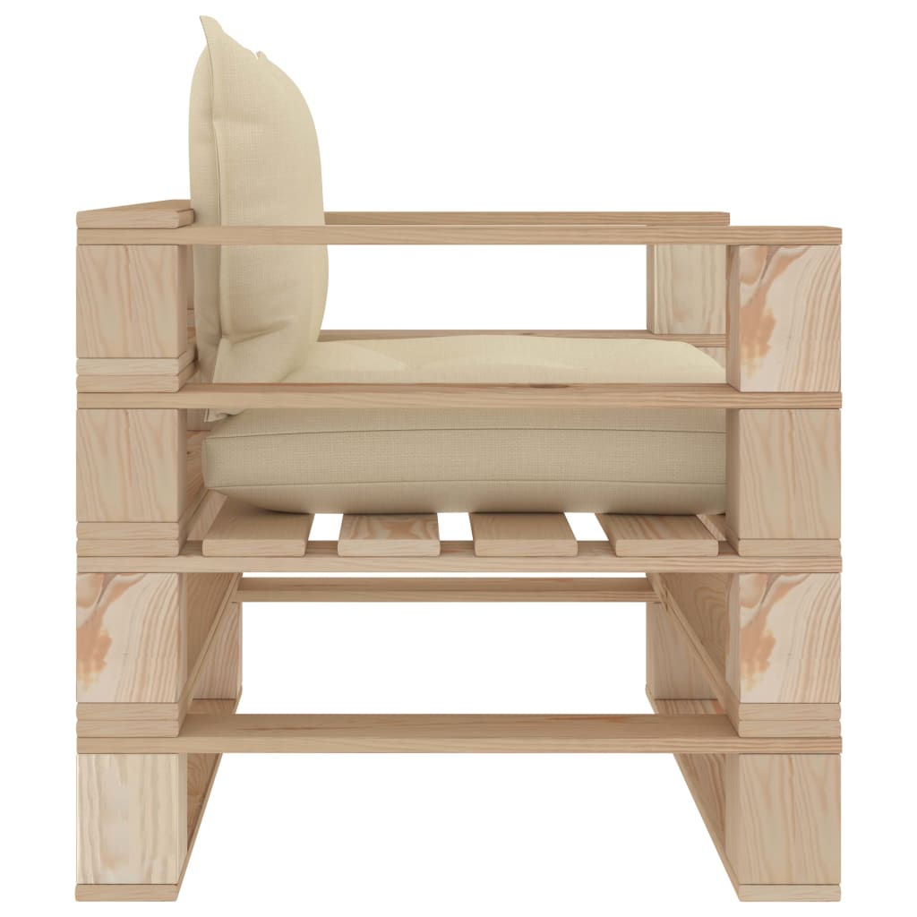 vidaXL Sodo sofa iš palečių su kreminėmis pagalvėlėmis, mediena