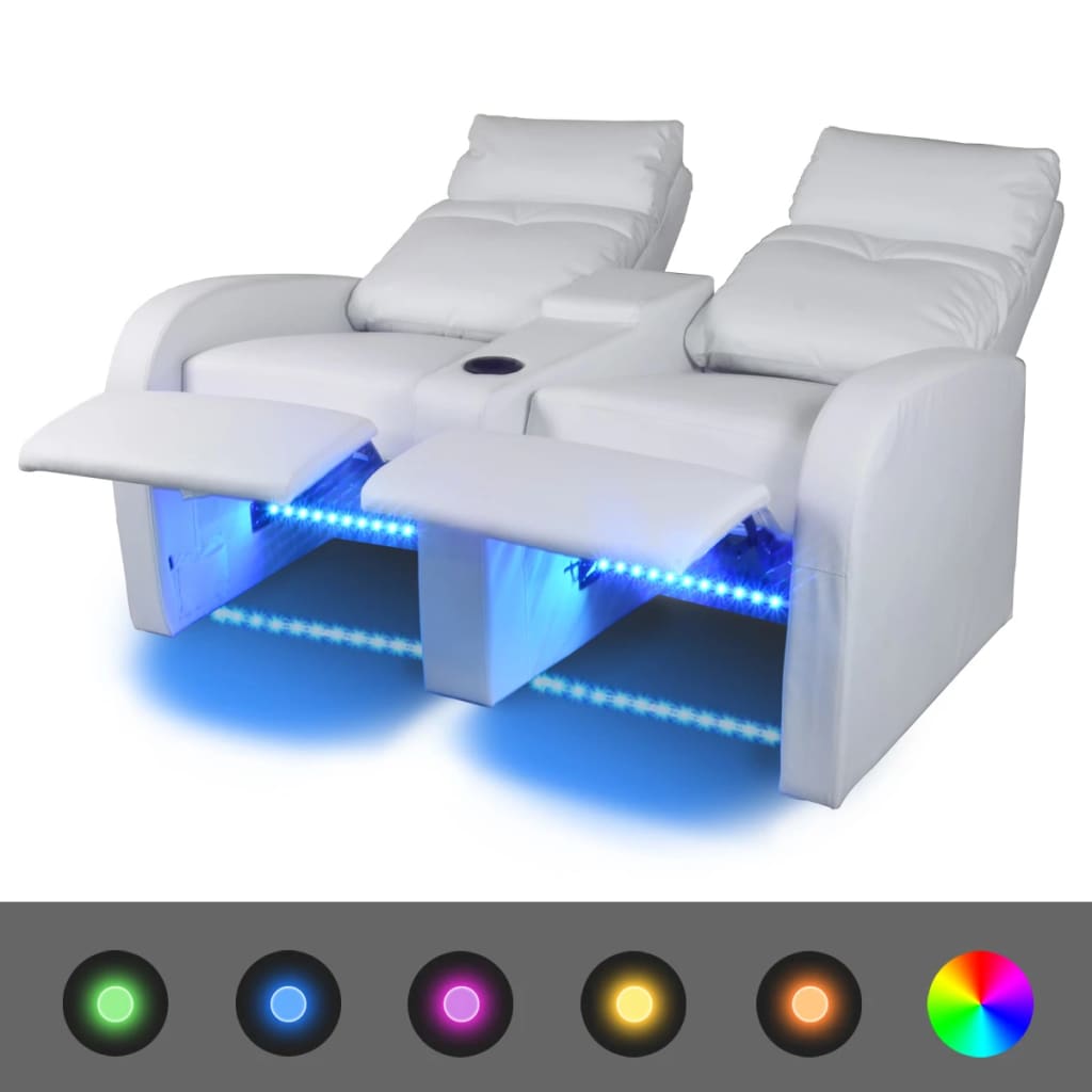vidaXL Dvivietis krėslas reglaineris su LED, dirbtinė oda, baltas