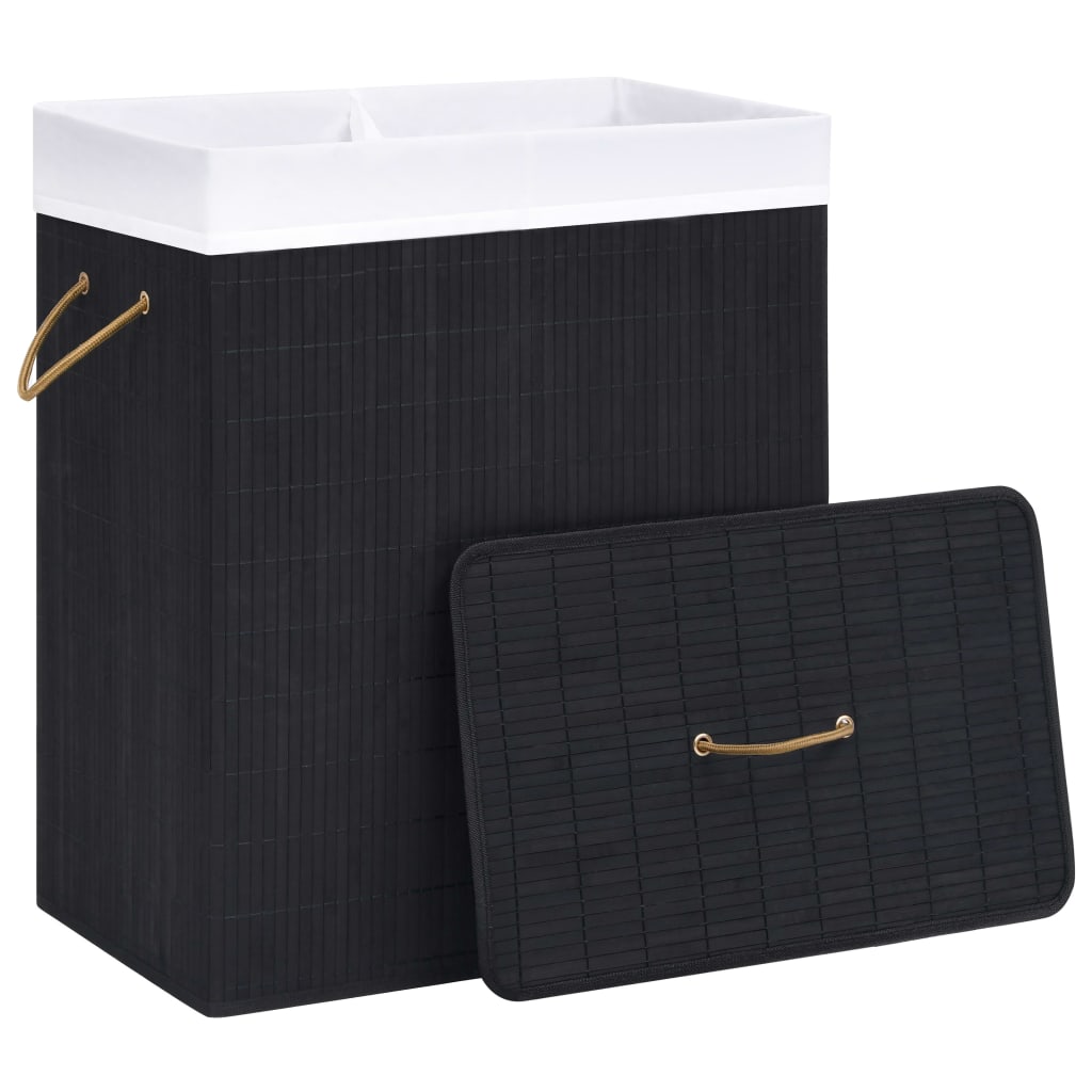 vidaXL Skalbinių krepšys su 2 skyriais, juodos spalvos, bambukas, 100l