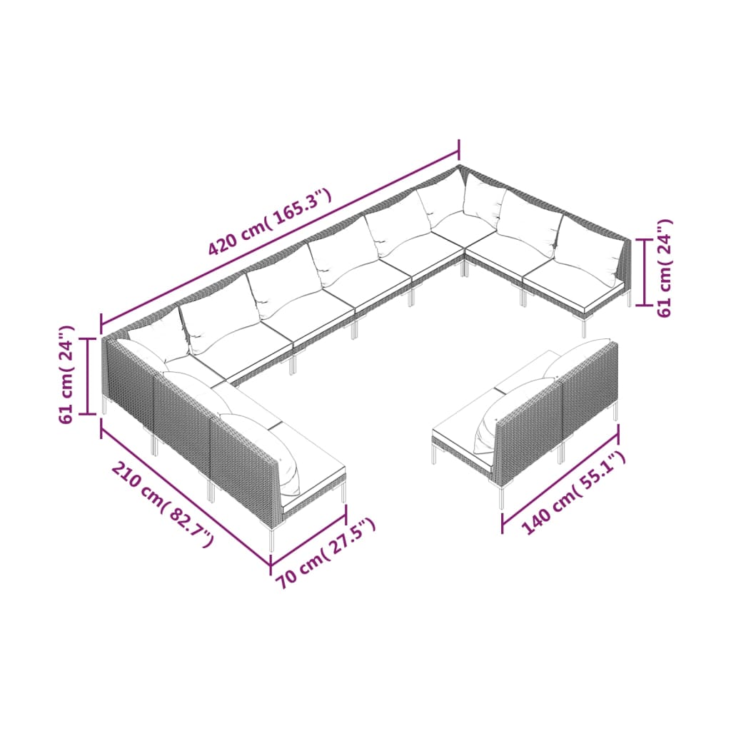vidaXL Sodo komplektas su pagalvėlėmis, 12 dalių, pilkas, poliratanas