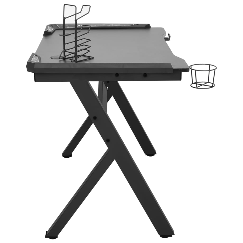 vidaXL Žaidimų stalas su LED ir Y kojelėmis, juodas, 110x60x75cm