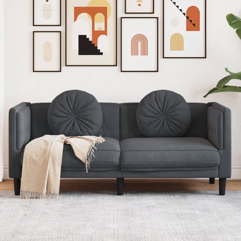 vidaXL Dvivietė sofa su pagalvėlėmis, tamsiai pilkos spalvos, aksomas