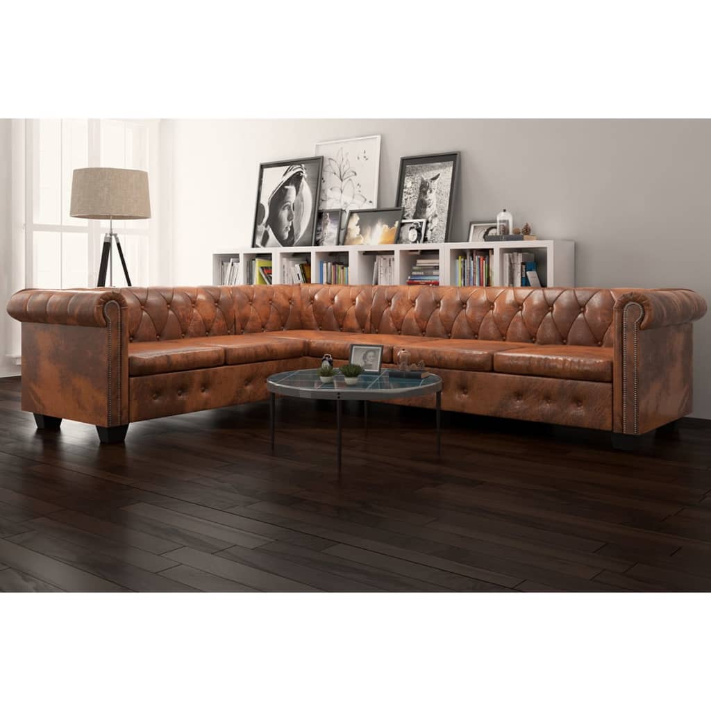 vidaXL Chesterfield kampinė šešiavietė sofa, dirbtinė oda, ruda