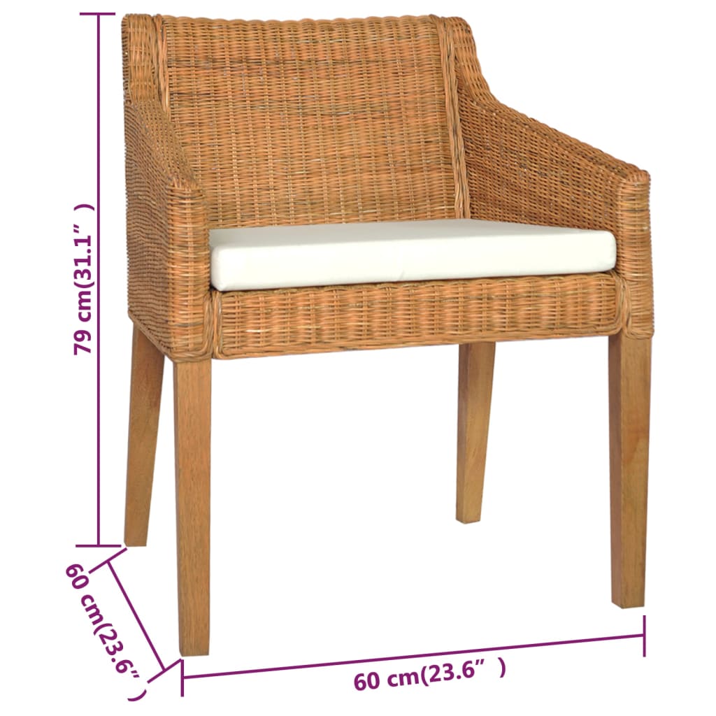 vidaXL Valgomojo kėdės su pagalvėmis, 2vnt., rudos, natūralus ratanas