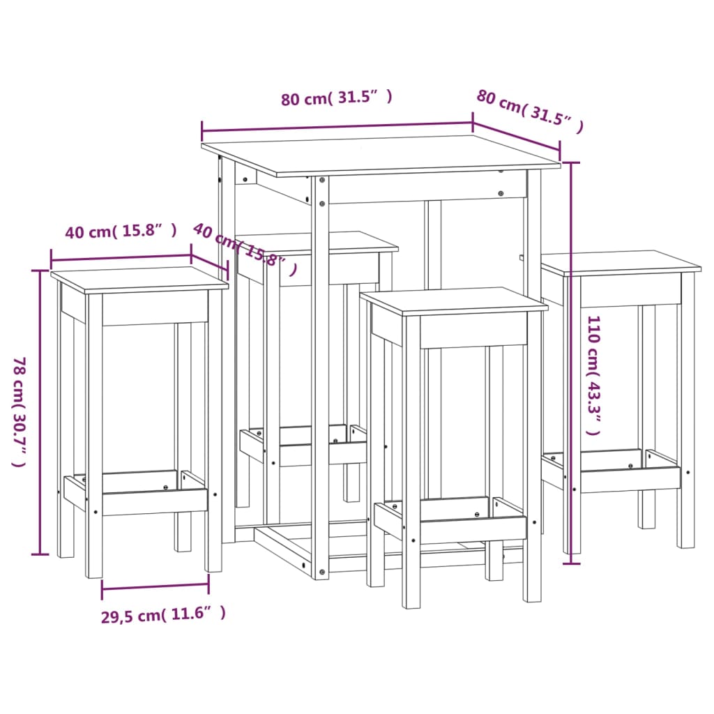 vidaXL Baro baldų komplektas, 5 dalių, medaus rudas, pušies masyvas