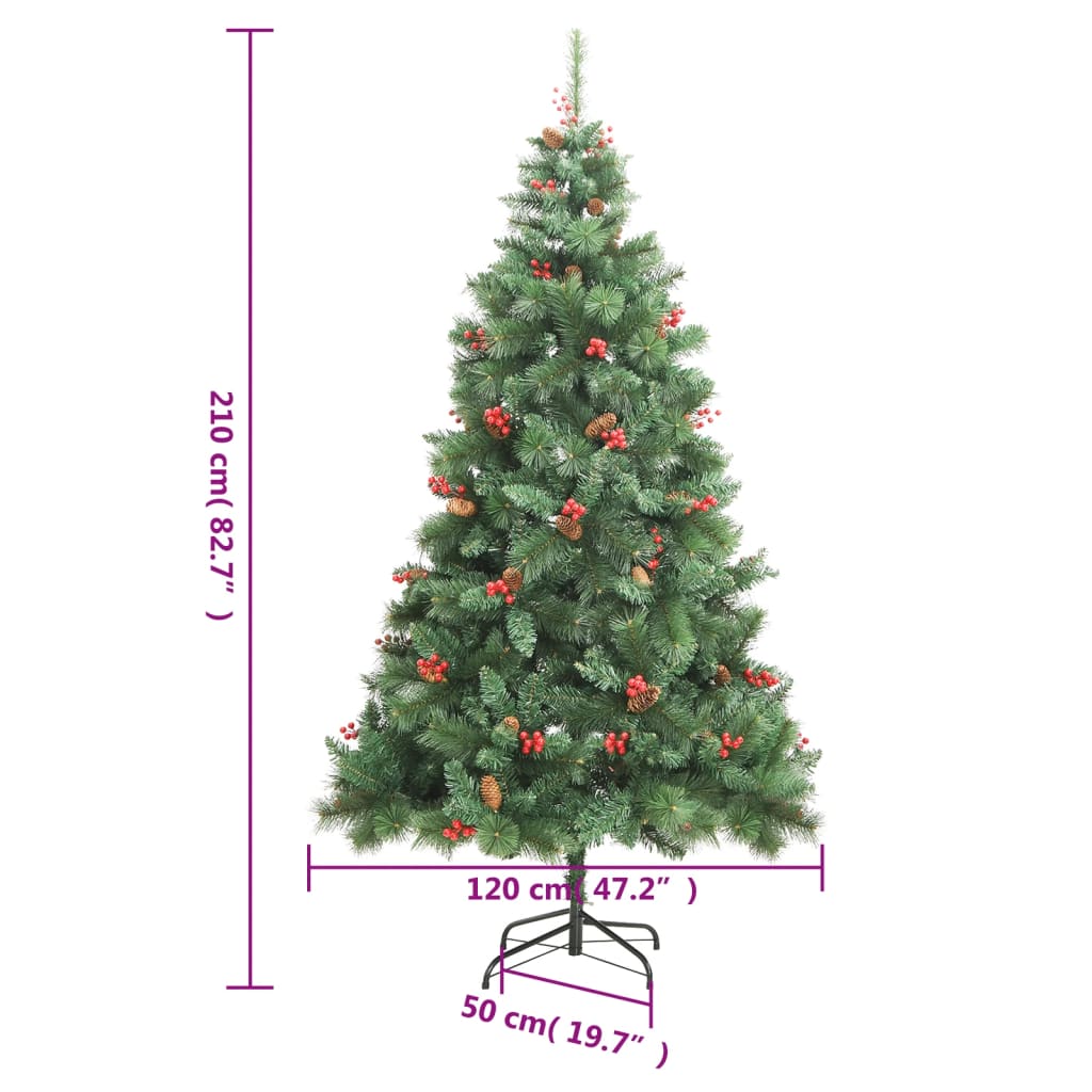 vidaXL Kalėdų eglutė su šakomis/kankorėžiais/uogomis, 210 cm