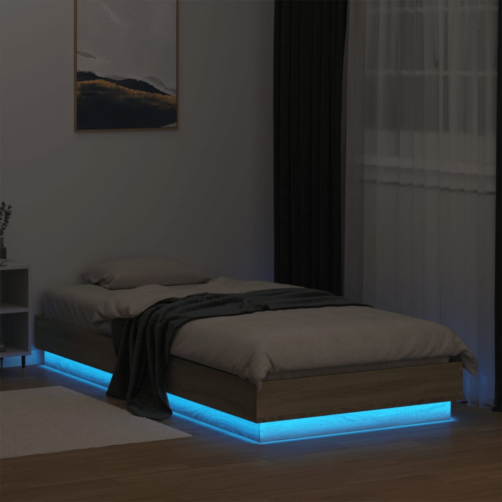 vidaXL Lovos rėmas su LED lemputėmis, sonoma ąžuolo spalvos, 90x200cm