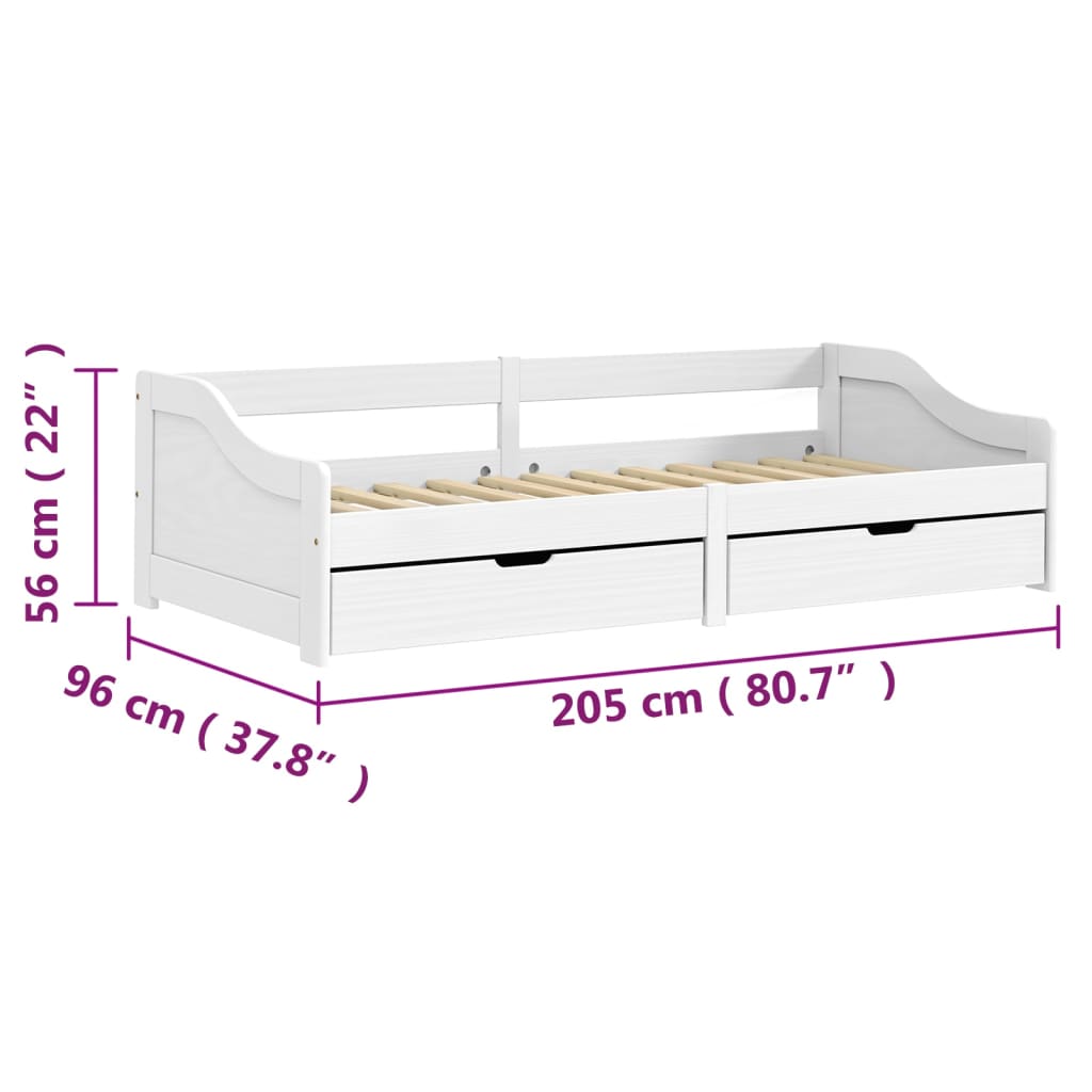 vidaXL Lova su 2 stalčiais IRUN, balta, 90x200cm, pušies masyvas