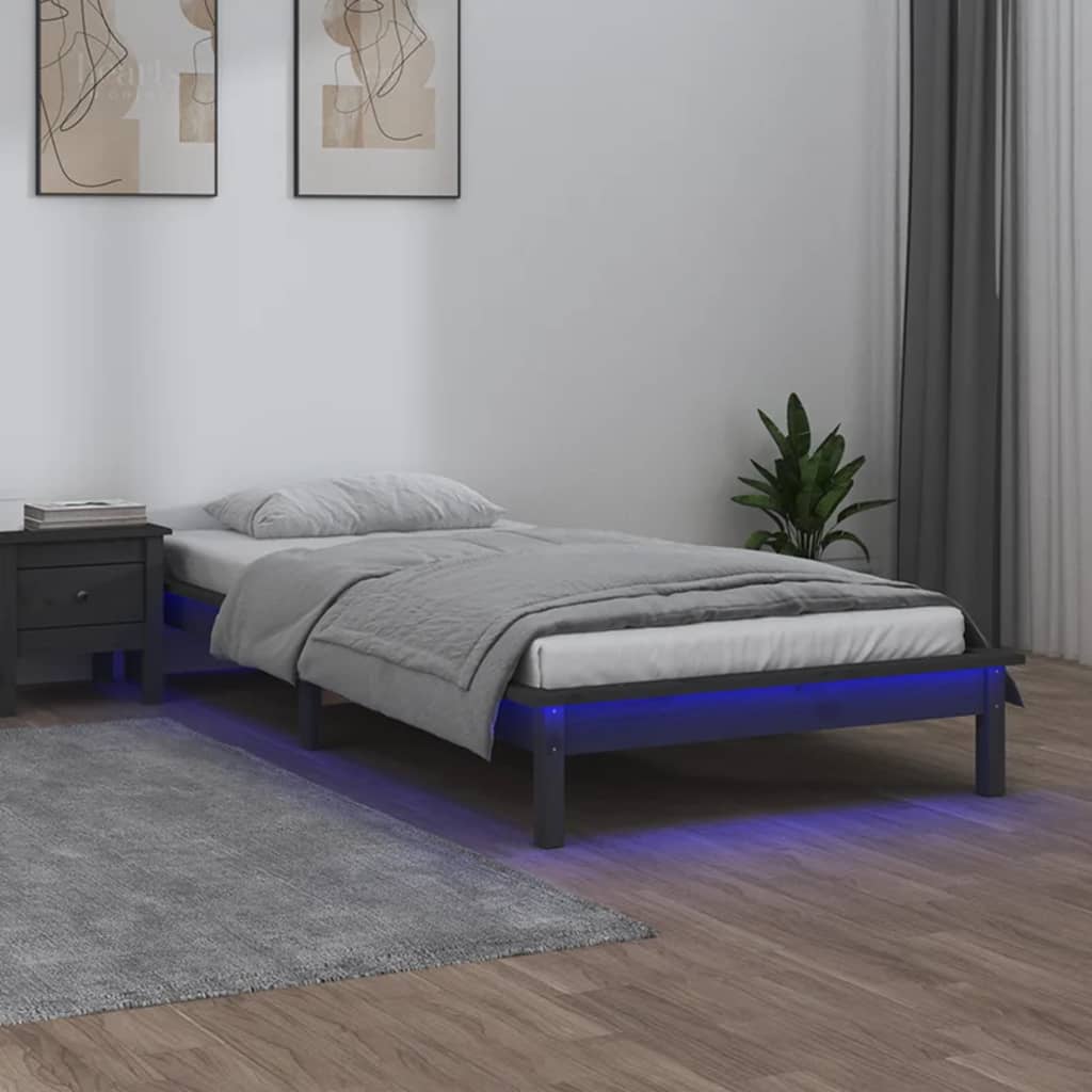 vidaXL Lovos rėmas su LED, pilkos spalvos, 90x200cm, medienos masyvas